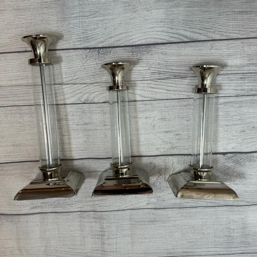 Pottery Barn Amelia Glass & Chrome Candlestick Holder Set of 3 Candle Holders
